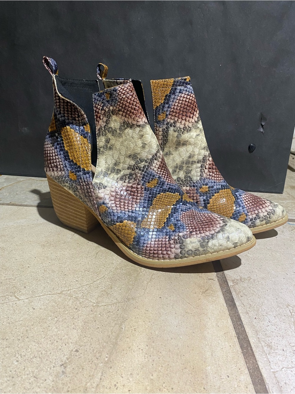 Women's Multicolor Snake-Print Ankle Booties - Faux Snakeskin Block Heel
